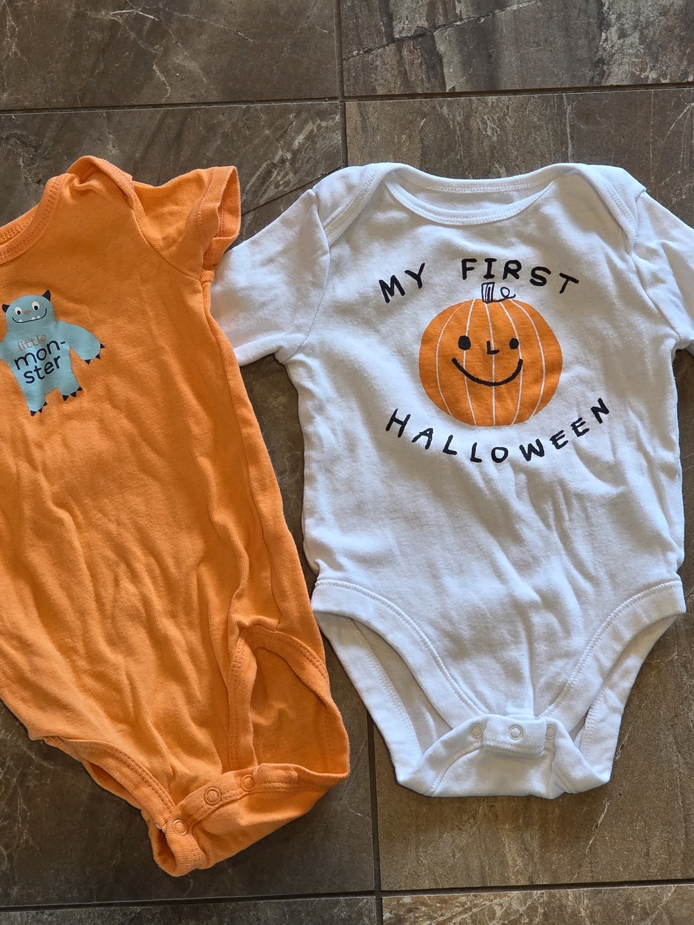 Old Navy White and Orange 'My First Halloween' Pumpkin & Little Monster Onesie